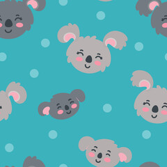 Seamless pattern with koala family on blue background. Happy koalas parents and two children. Vector illustration in cute flat style