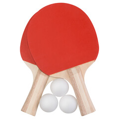 two red table tennis rackets and three white balls, set for playing ping pong, on a white background