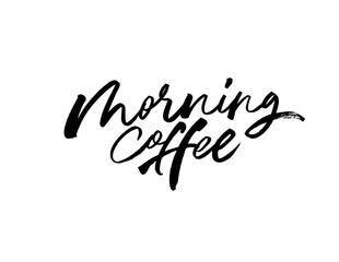 Morning coffee ink brush vector lettering. Modern phrase handwritten vector calligraphy. Handwritten black ink lettering isolated on white background. Inscription for prints and posters, menu design
