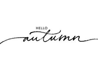 Hello Autumn lettering text. Ink brush pen vector calligraphy. Hand lettering seasonal phrase. Saying handwritten modern brush calligraphy. Fall season handwritten linear style. Welcome autumn banner. © Anastasiia Hevko