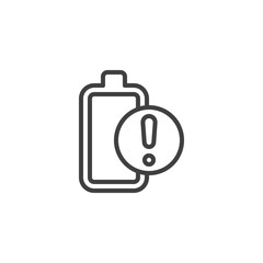 Battery and exclamation mark line icon. linear style sign for mobile concept and web design. Battery alert notification outline vector icon. Symbol, logo illustration. Vector graphics