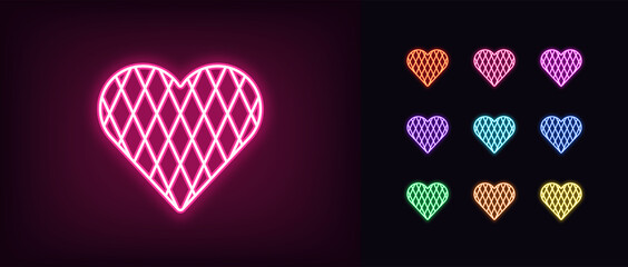 Neon heart icon. Glowing neon heart sign with rhomb texture