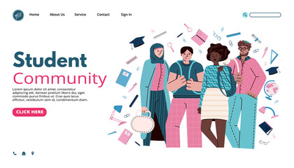 Student community banner with diverse friends group and stationery. Cartoon college students standing together with learning supplies, vector illustration.