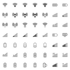 Mobile phone signal line icons set. linear style symbols collection, outline signs pack. vector graphics. Set includes icons as wifi signal strength, battery charge level, wireless network connection
