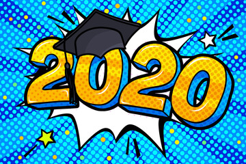 Concept of a graduating class of 2020. Numbers with graduation cap in pop art style