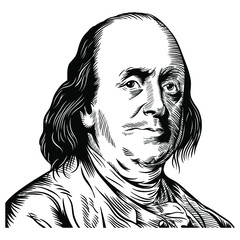 Vector Drawing Face Portrait Illustration for Benjamin Franklin in Black White - obrazy, fototapety, plakaty