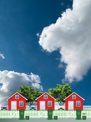 Row of detached residential homes on a suburb street with green recycling wheelie bins out ready for collection set against a blue cloudy sky