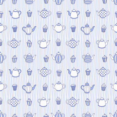 Teapots and muffins hand drawn pattern. Monochrome colors. Vector seamless background. 