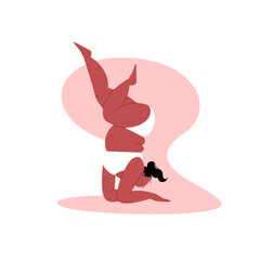 Black fat woman doing a scorpion yoga pose. Body positive sport flat illustration