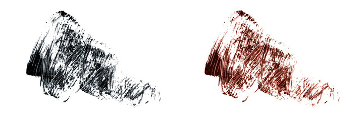 Set of different mascara smears on white background isolated. Black and brown mascara smudged. Banner. Closeup. Makeup. Cosmetic products for eyelashes. Template for design. Pattern. Collection.