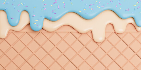 Mint and Vanilla Ice Cream Melted with Sprinkles on Wafer banner Background with copy space.,3d model and illustration.