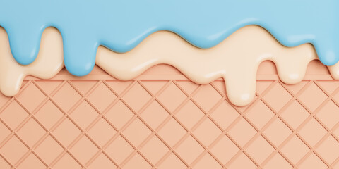 Mint and Vanilla Ice Cream Melted on Wafer banner Background with copy space.,3d model and illustration.
