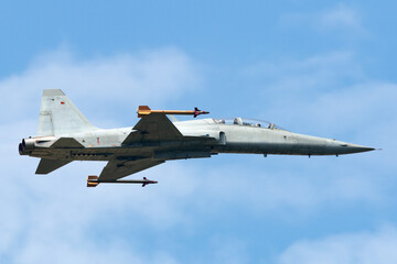 Fototapeta na wymiar Modern Air Force jet with missiles on the wingtips flying at high speed.