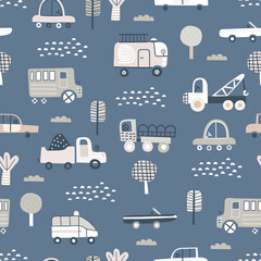 Childish seamless pattern with cute cars. Perfect for kids fabric, textile, nursery wallpaper. Cute vector illustration in scandinavian style.