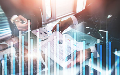 Blue abstract stock market chart. Mixed Media Background.