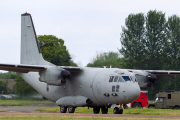 Fototapeta na wymiar Twin engined turboprop military cargo airplane.