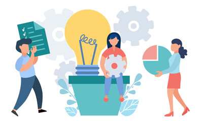 Business teamwork concept. Cooperation of people, partnerships, promotion of ideas. Office workers are building a business together, project management plan, workflow. Vector flat illustration.