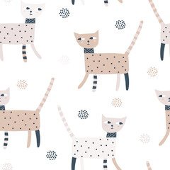 Childish seamless pattern with funny cat. Creative childish texture. Good for kids fabric, textile, nursery wallpaper. Kids pattern.