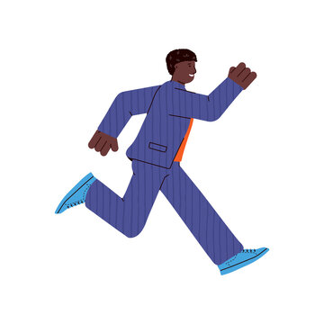 Businessman In Office Suit Run Forward, Flat Cartoon Vector Illustration Isolated On White Background. African American Man Moving Fast To Career And Success.