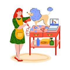A woman watches the professional barber grooming dog channel. Girl at home grooming the dog at leisure, on weekends or in quarantine. Cartoon illustration isolated on a white background.