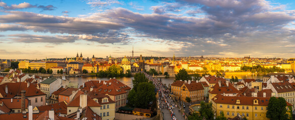 Naklejka premium Panorama of Old Prague and the Charles Bridge during a beautiful sunset