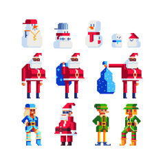 Xmas characters. Santa and snow maiden. Various cute fanny snowman Greeting card design for invitation. Pixel art style characters. isolated vector illustration.