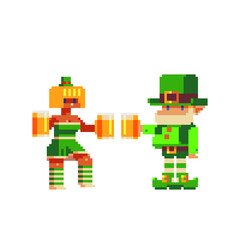 Obraz premium Patrick's woman character and Leprechaun with a mug of beer. St. Patrick's day. Pixel art set. Traditional Irish holiday. Greeting card or invitation design elements. Isolated vector illustration