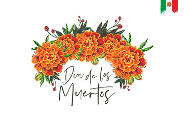 Marigolds wreath. Day of the Dead: lettering text, element for decoration traditional mexican holiday. white background.