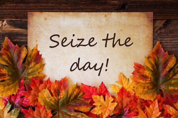 Grungy Old Paper With English Text Seize The Day. Colorful Autum Decoration With Leaves
