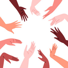 Fototapeta premium Hands of different skin colors framing blank space. Different ethnicities together
