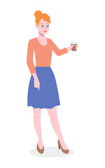 Businesswoman standing and holding coffee cup. Colorful flat design vector illustration. Young woman drinking coffee