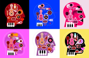 Zelfklevend Fotobehang Zes ontwerpen van de menselijke hoofdvorm die met een verschillende muziekinstrumenten vectorillustratie bestaan. ©  danjazzia
