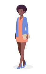 African-american woman with handbag. Colorful flat design vector illustration. Business woman standing and holding clutch bag