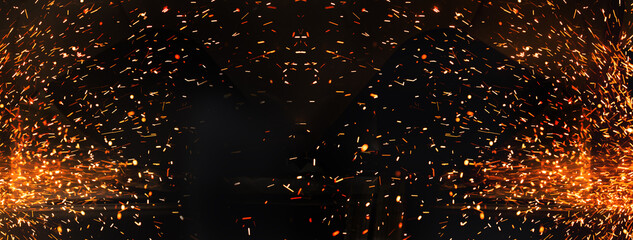 glitter spark orange light fire on black industrial or party banner background