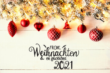 Red Christmas Decoration With German Calligraphy Frohe Weihnachten Und Ein Glueckliches 2021 Mean...