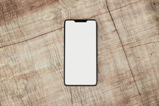 smartphone isolated on wooden background with blank screen. Technology advertising concept.3D illustration
