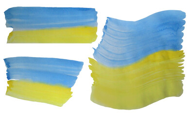 Watercolor stain blue and yellow background. Colors of the flag of Ukraine. Set of watercolor textures - element for print and design on a white background. Hand drawing . High quality photo