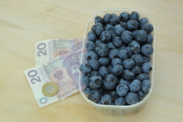 blueberries in a plastic basket with Polish zlty bank notes and coins, concept of expesive price...