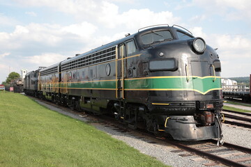 Obraz premium View of Steam Locomotive on rail in Strasburg, Lancaster County, Pennsylvania. 