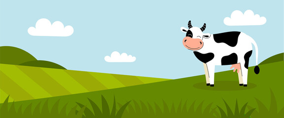 A cute white spotted cow stands on a green meadow. Dairy products. Farm animals. Summer panorama with a field. Place for your text. Flat cartoon color illustration