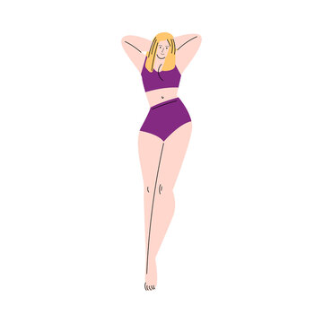 Blonde pinup girl in sexy purple swimwear with bikini and barefoot
