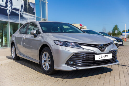Toyota Camry in front of the motor show closeup