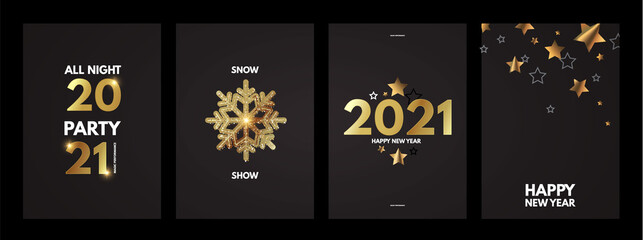 Naklejka premium Happy New 2021 Year Elegant poster template set with gold shining year number, confetti and snowflakes.
