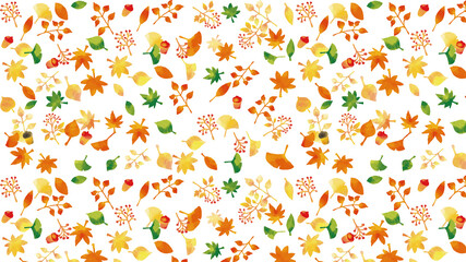 水彩風　秋の葉っぱや実パターン