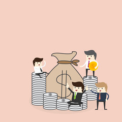 A group of successful and happy businessmen sit on a pile of money from their investments. Banking-related