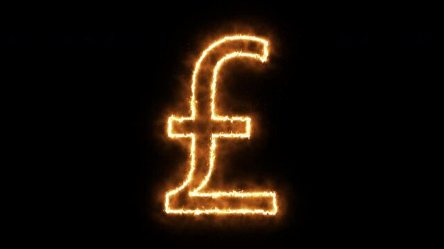 Pound sterling symbol of burning flame. British pound symbol made from fire flame. Flaming burn font or bonfire alphabet text with sizzling fiery shining heat effect. 3D rendering.