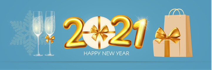 Happy New 2021 Year poster template with 3D realistic text, champagne glasses and gift box. Festive header design. Christmas flyer template.