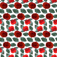 Seamless pattern with red rose flowers and green leaves on white background. Endless colorful floral texture. Raster illustration.