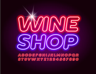 Vector bright banner Wine Shop. Red Electric Font. Glowing Neon Alphabet Letters and Numbers