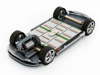 Obraz na płótnie Canvas Fictitious electric car chassis with electric engine and batteries. 3D illustration